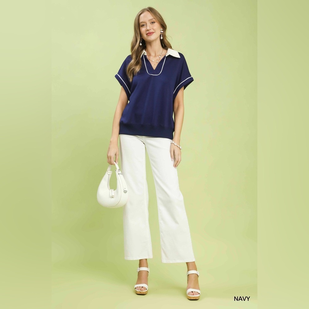 Umgee Contrast Collar Soft Knit Polo Top - Picture 4 of 5